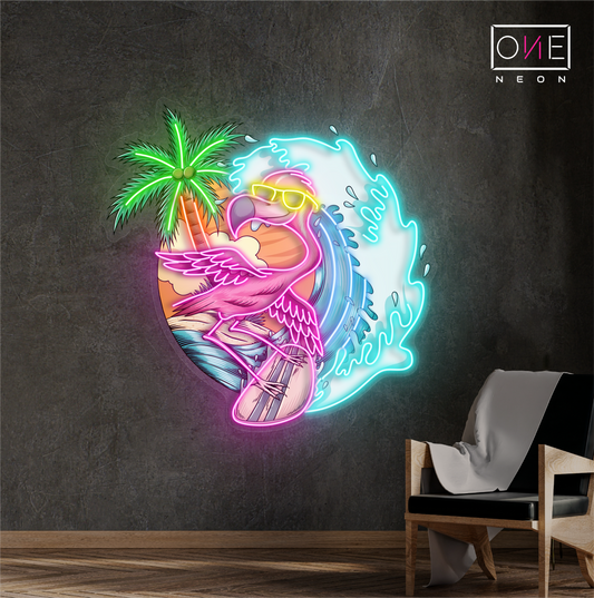 Enseigne néon LED flamant rose surfeur