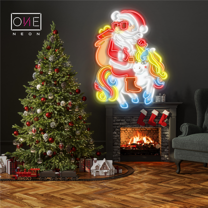 Enseigne au néon LED Père Noël et Licorne (Œuvre d'art de Noël)