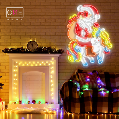 Enseigne au néon LED Père Noël et Licorne (Œuvre d'art de Noël)