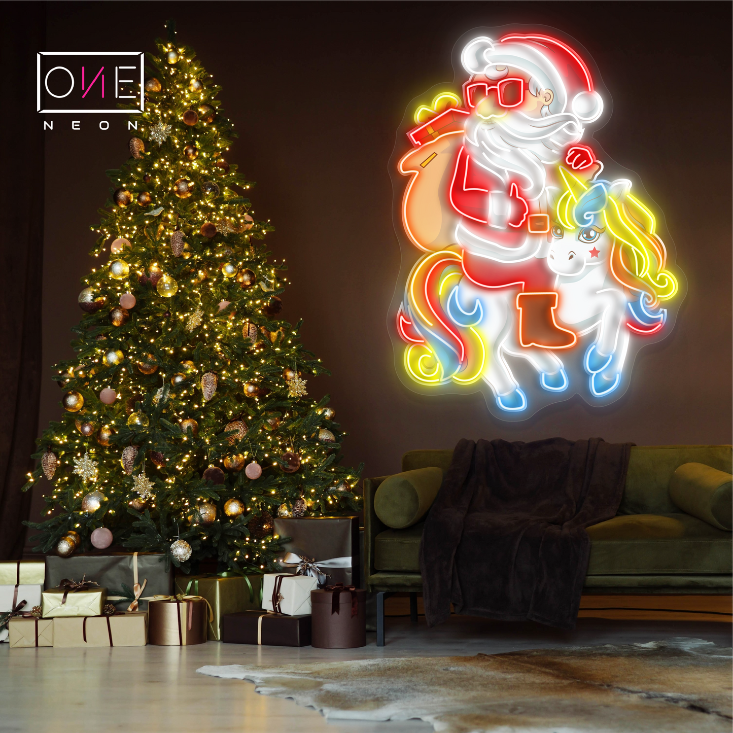 Enseigne au néon LED Père Noël et Licorne (Œuvre d'art de Noël)