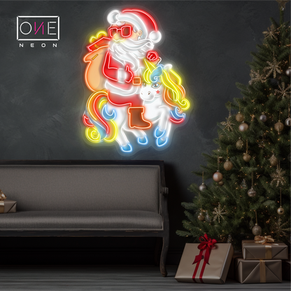 Enseigne au néon LED Père Noël et Licorne (Œuvre d'art de Noël)