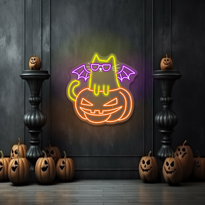 Enseigne néon LED Chat d'Halloween sur citrouille