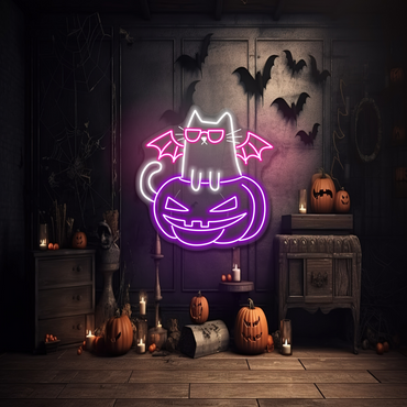 Enseigne néon LED Chat d'Halloween sur citrouille