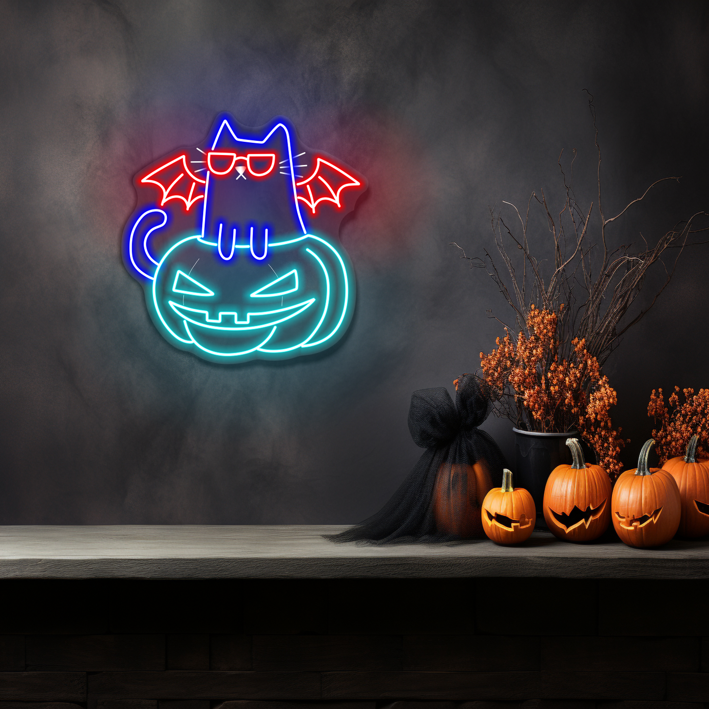 Enseigne néon LED Chat d'Halloween sur citrouille
