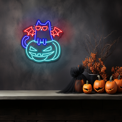 Enseigne néon LED Chat d'Halloween sur citrouille