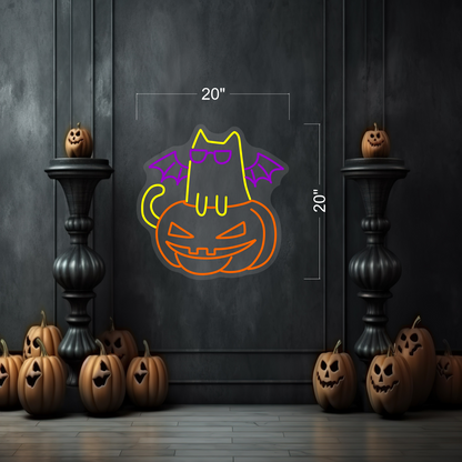 Enseigne néon LED Chat d'Halloween sur citrouille
