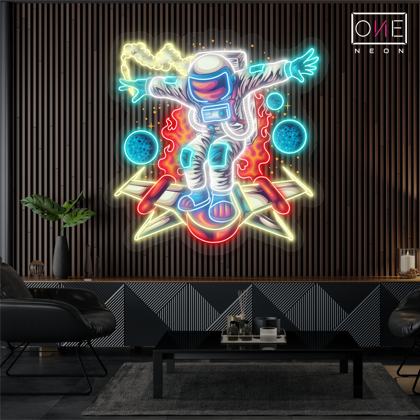 Enseigne LED Néon Décorative avec une Œuvre d'Art d'Astronaute sur un Rocket Board
