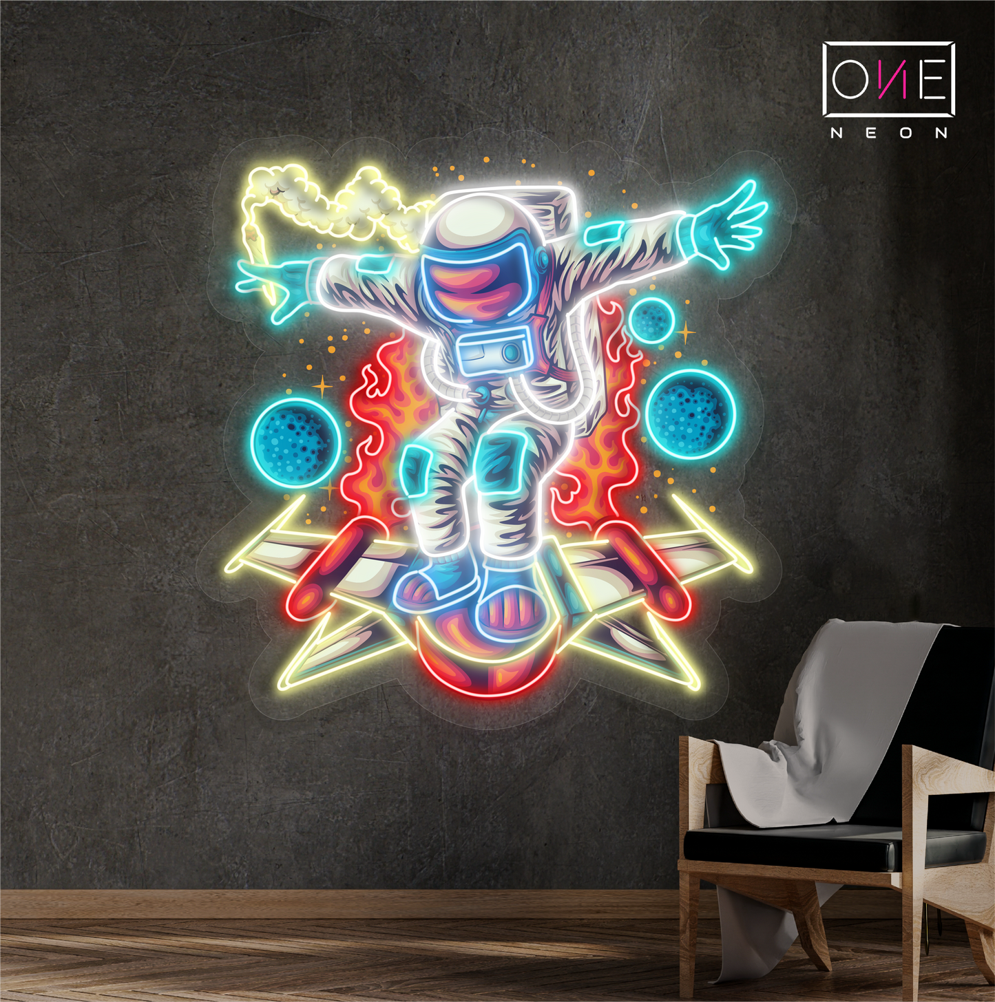 Enseigne LED Néon Décorative avec une Œuvre d'Art d'Astronaute sur un Rocket Board
