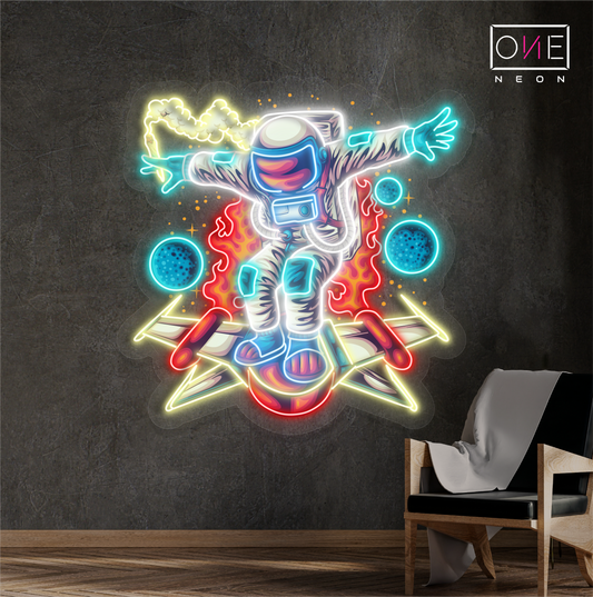 Enseigne LED Néon Décorative avec une Œuvre d'Art d'Astronaute sur un Rocket Board