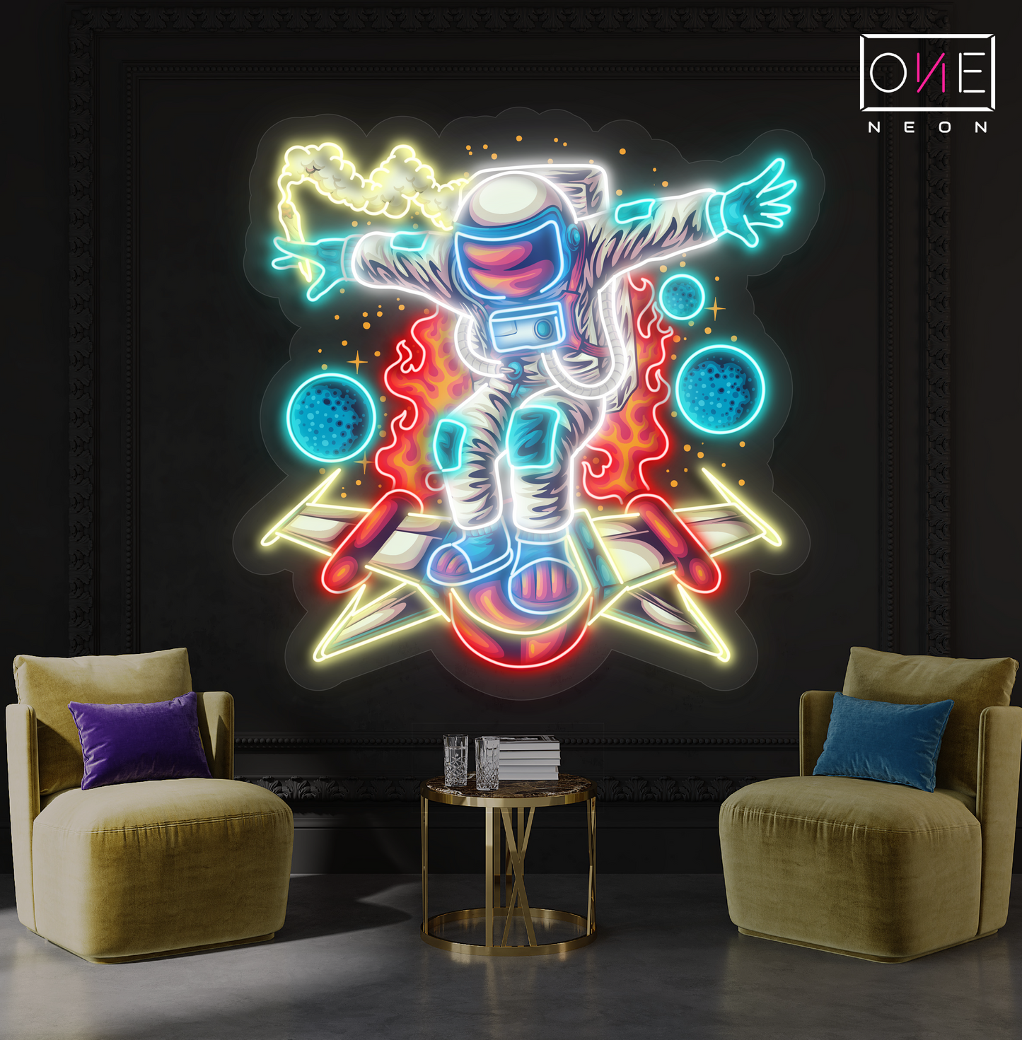 Enseigne LED Néon Décorative avec une Œuvre d'Art d'Astronaute sur un Rocket Board