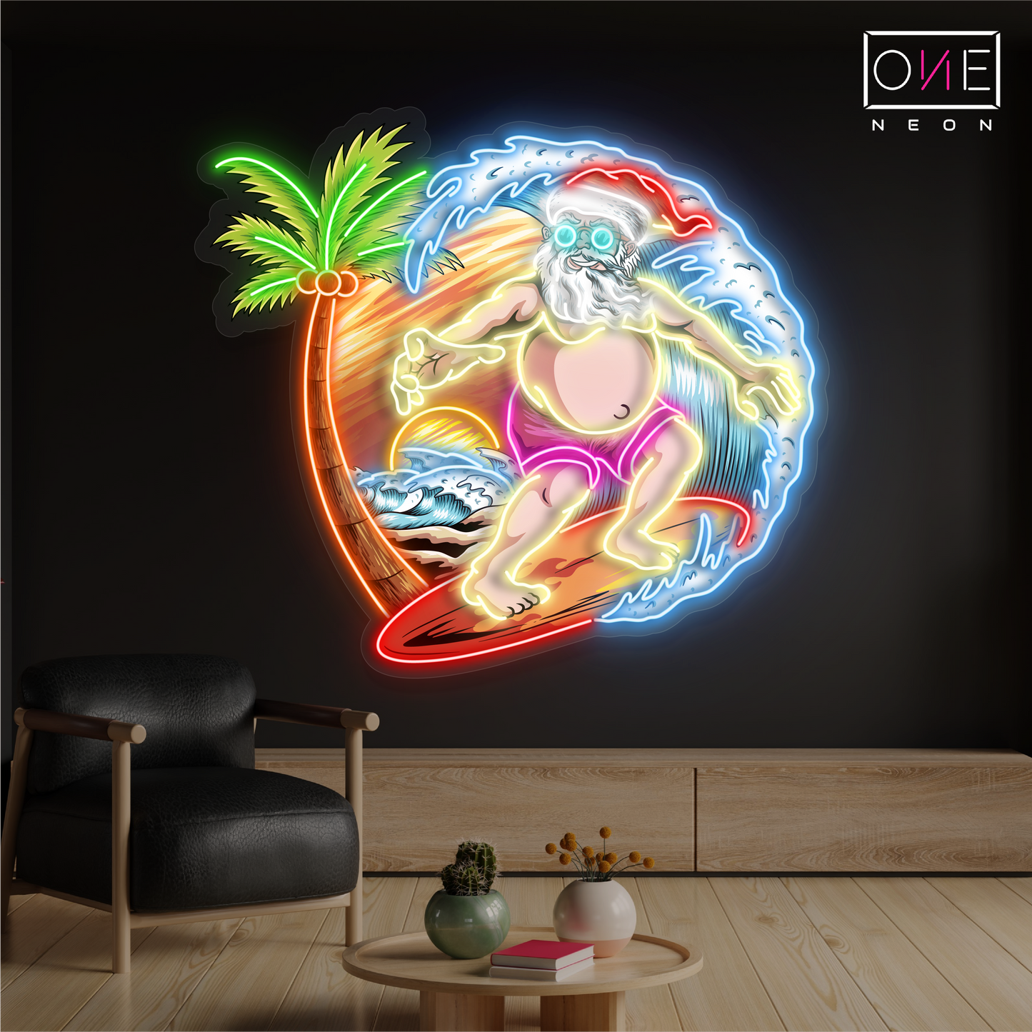 Enseigne néon LED "Père Noël surfeur"