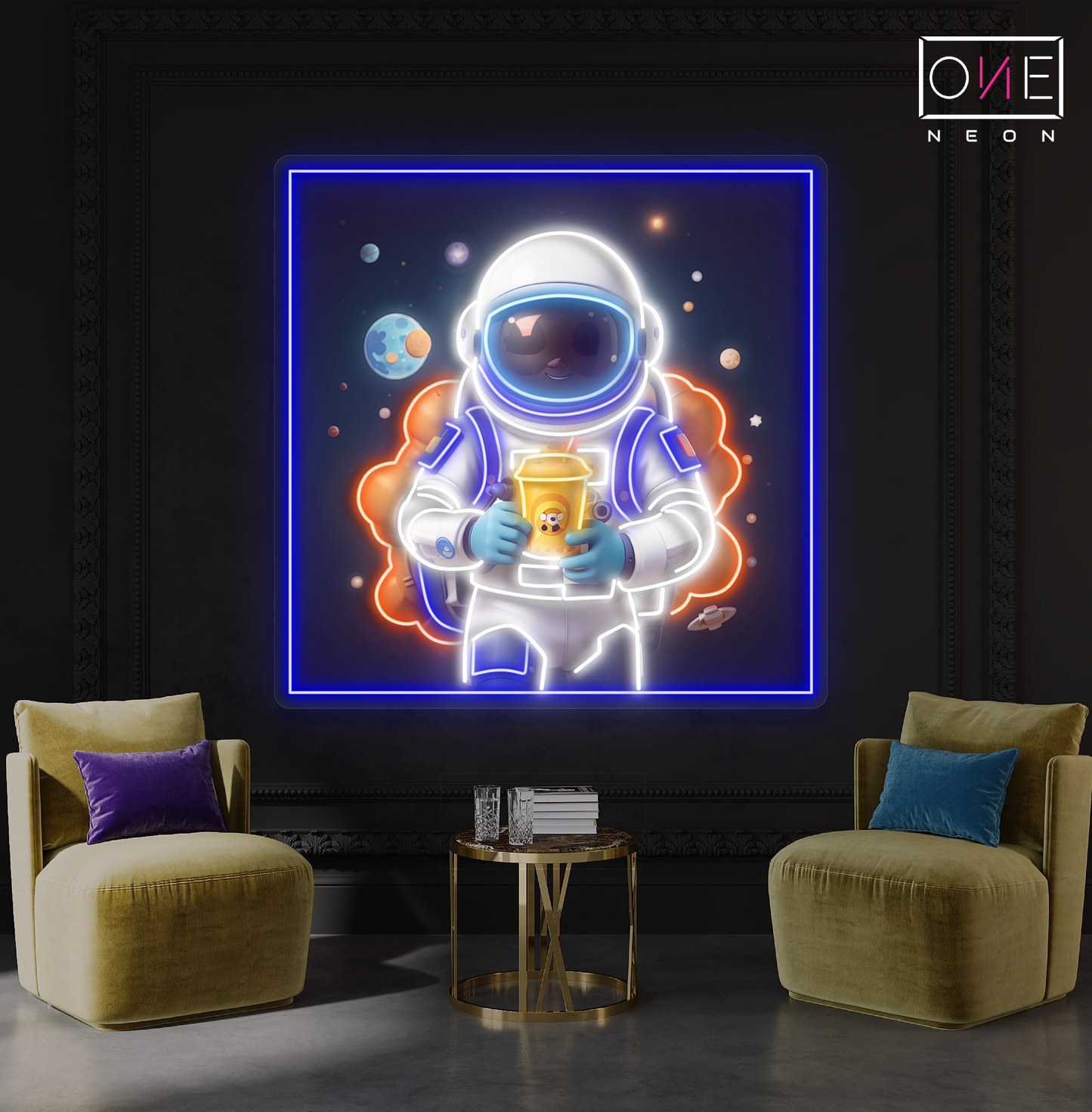 Enseigne néon LED illustrée de thé aux perles d'astronaute