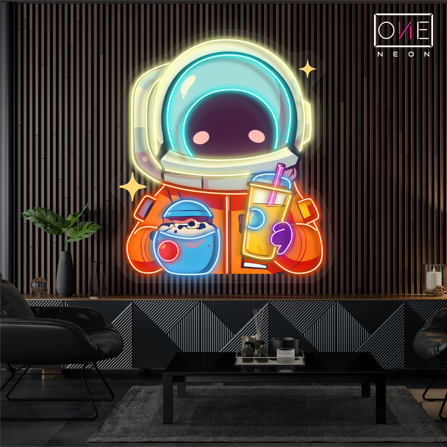 Enseigne néon LED "Astronaute mignon boit du bubble tea"