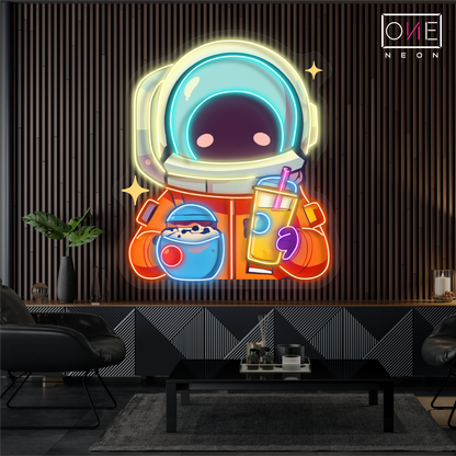 Enseigne néon LED "Astronaute mignon boit du bubble tea"