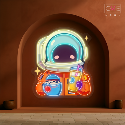 Enseigne néon LED "Astronaute mignon boit du bubble tea"