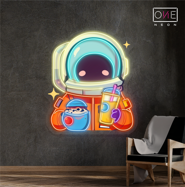 Enseigne néon LED "Astronaute mignon boit du bubble tea"