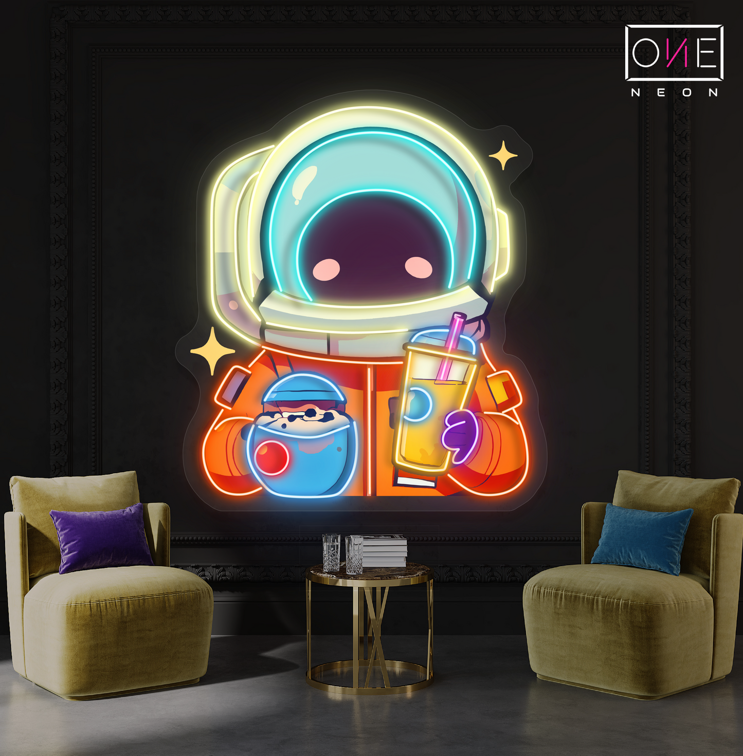Enseigne néon LED "Astronaute mignon boit du bubble tea"