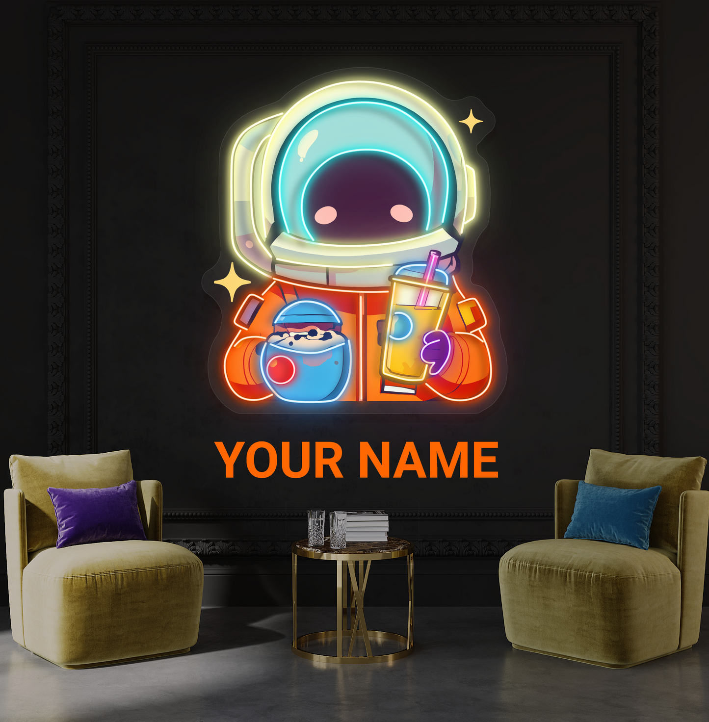 Enseigne néon LED "Astronaute mignon boit du bubble tea"