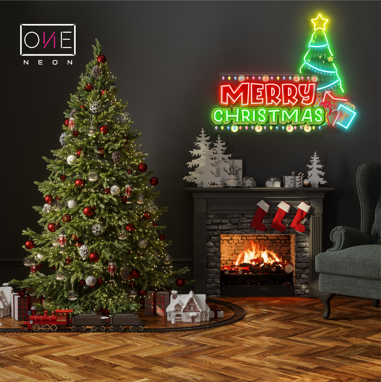 Enseigne néon LED œuvre d'art festive sapin de Noël