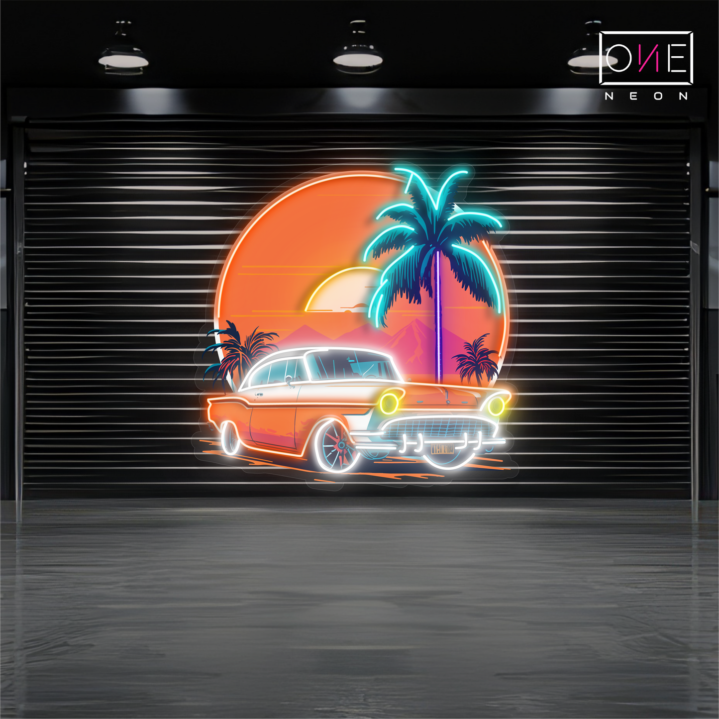 Enseigne néon LED œuvre d'art voiture coucher de soleil