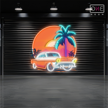 Enseigne néon LED œuvre d'art voiture coucher de soleil