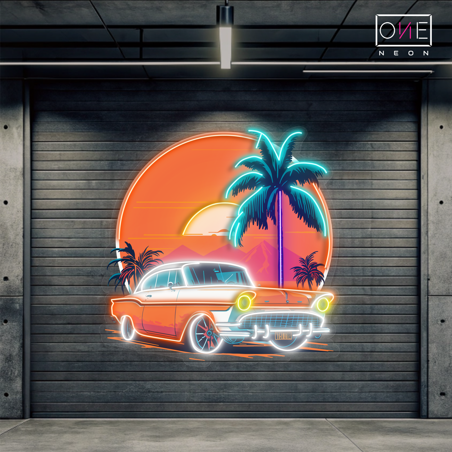 Enseigne néon LED œuvre d'art voiture coucher de soleil