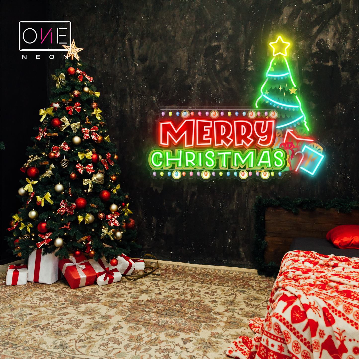 Enseigne néon LED œuvre d'art festive sapin de Noël