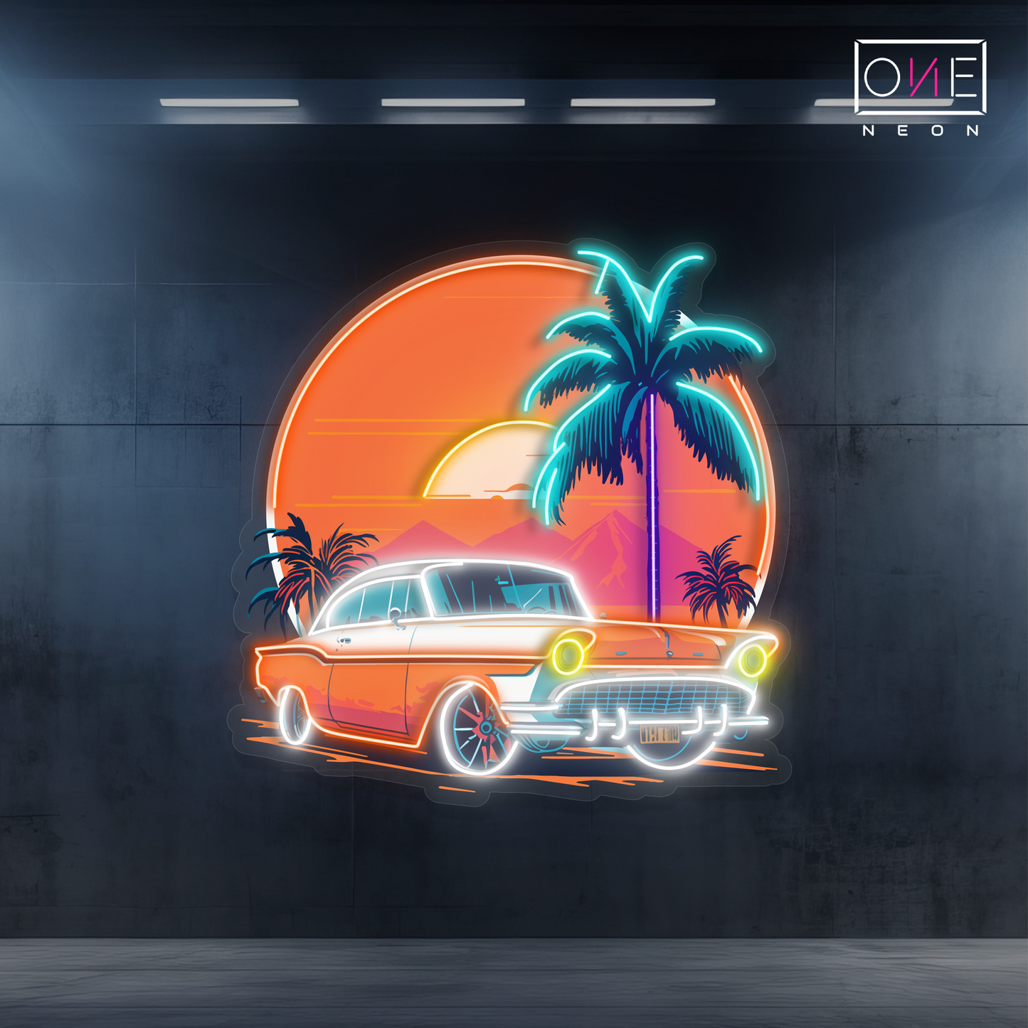 Enseigne néon LED œuvre d'art voiture coucher de soleil