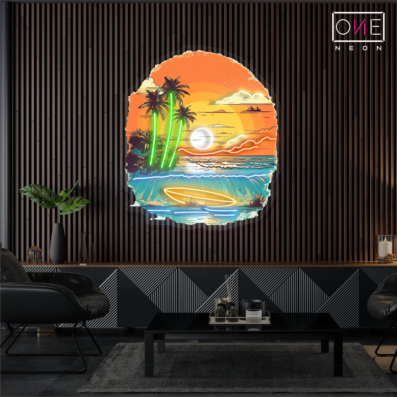 Enseigne néon LED œuvre d'art "Sunset Surf"