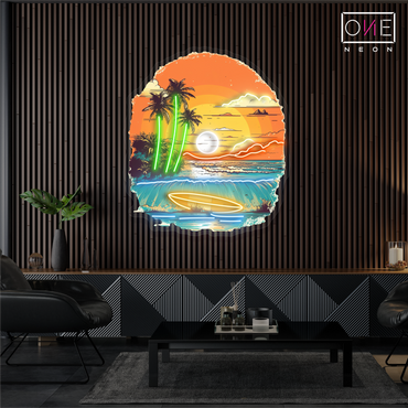 Enseigne néon LED œuvre d'art "Sunset Surf"