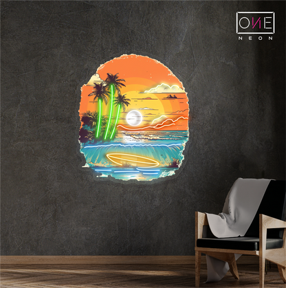 Enseigne néon LED œuvre d'art "Sunset Surf"