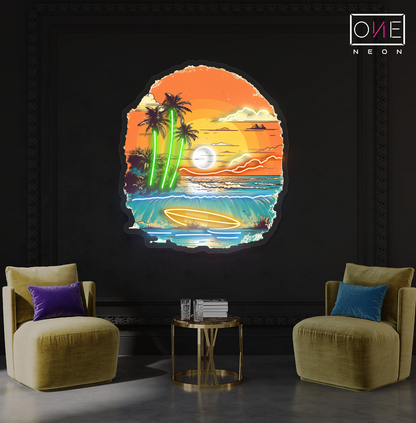Enseigne néon LED œuvre d'art "Sunset Surf"