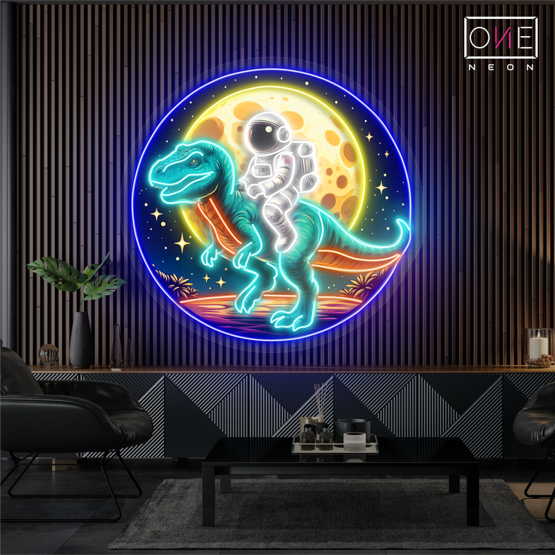 Enseigne néon LED dinosaure T-Rex avec astronaute