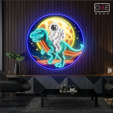 Enseigne néon LED dinosaure T-Rex avec astronaute