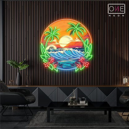 Enseigne néon LED artistique Vagues Coucher de soleil tropical