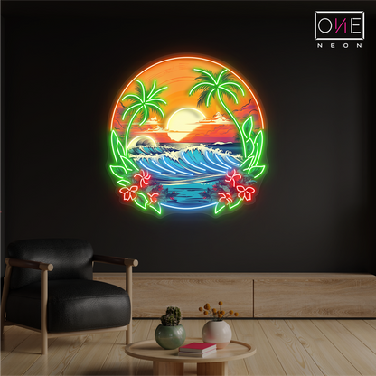 Enseigne néon LED artistique Vagues Coucher de soleil tropical