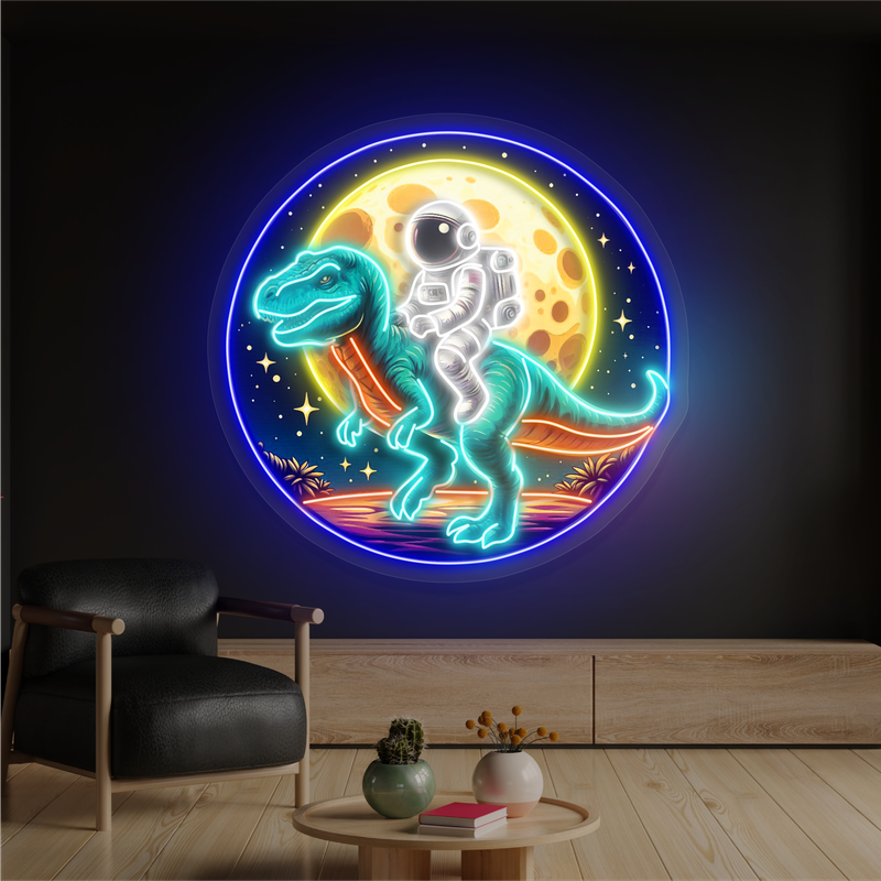 Enseigne néon LED dinosaure T-Rex avec astronaute