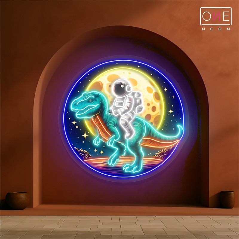 Enseigne néon LED dinosaure T-Rex avec astronaute