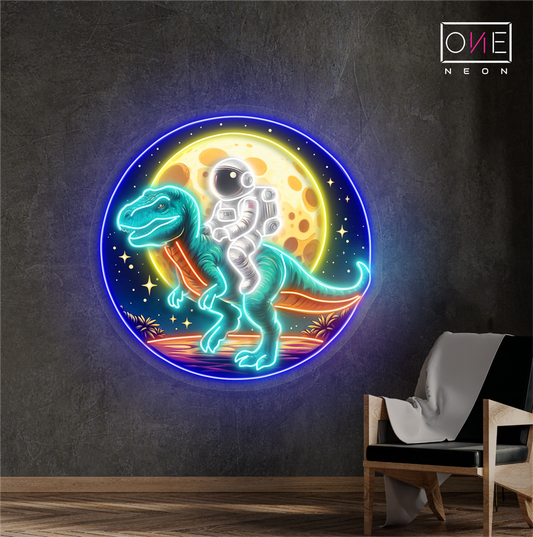 Enseigne néon LED dinosaure T-Rex avec astronaute
