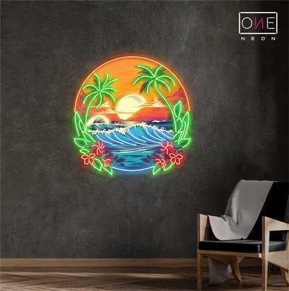 Enseigne néon LED artistique Vagues Coucher de soleil tropical