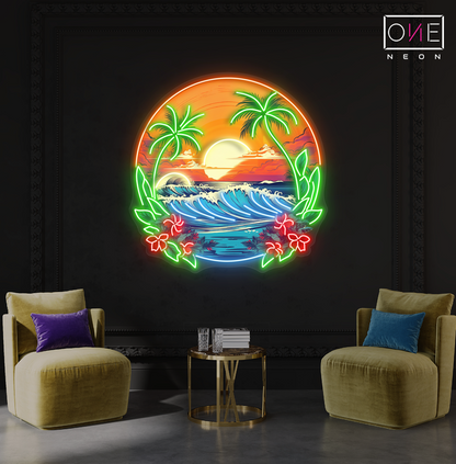 Enseigne néon LED artistique Vagues Coucher de soleil tropical