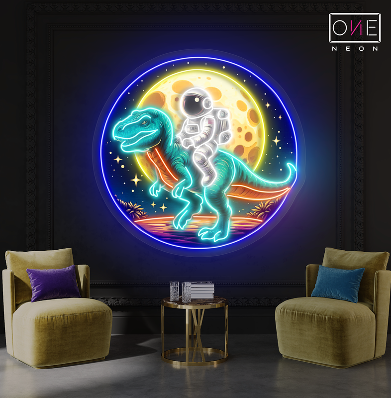 Enseigne néon LED dinosaure T-Rex avec astronaute