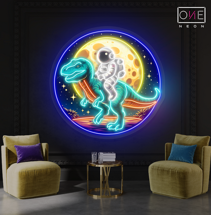 Enseigne néon LED dinosaure T-Rex avec astronaute