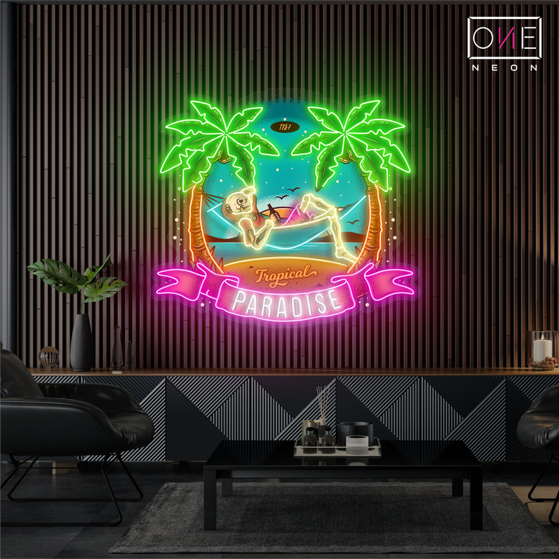 Enseigne lumineuse LED néon squelette paradis tropical