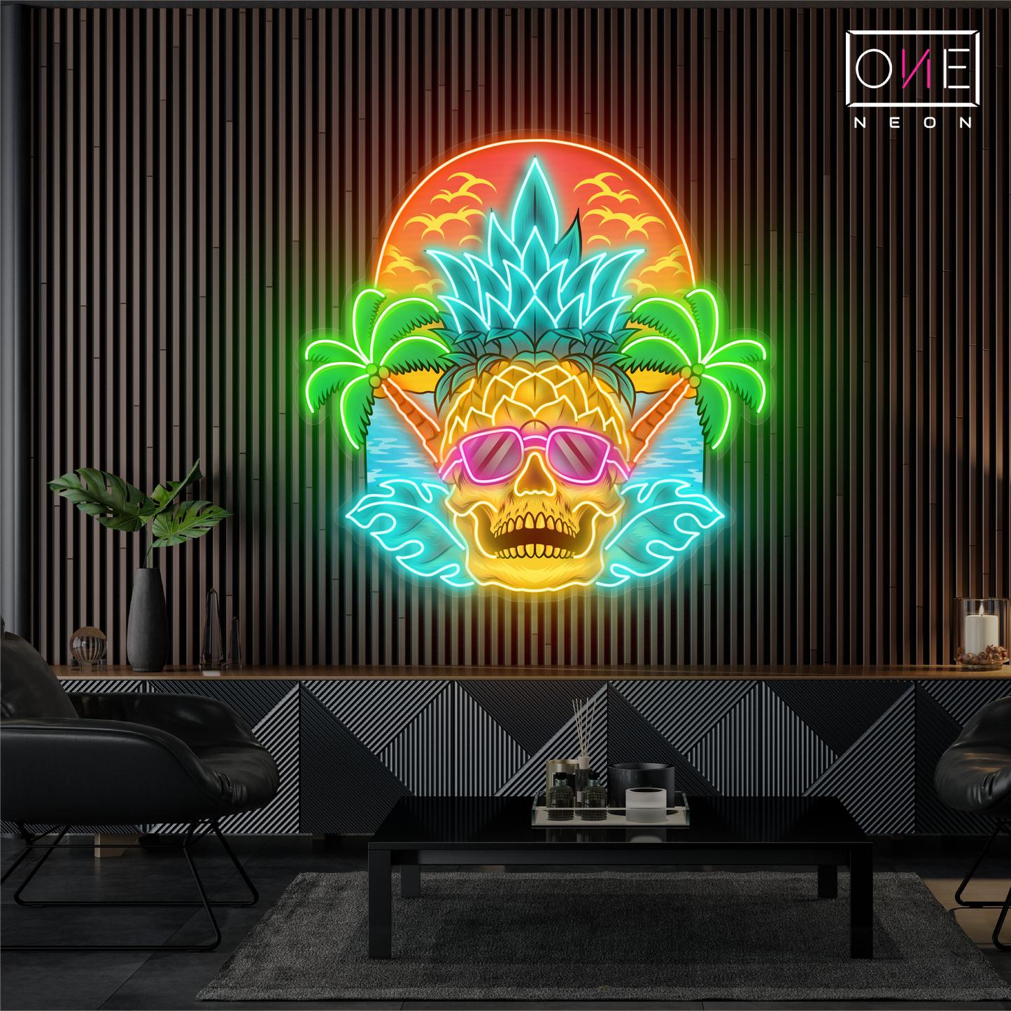 Enseigne néon LED coucher de soleil tête de mort tropicale