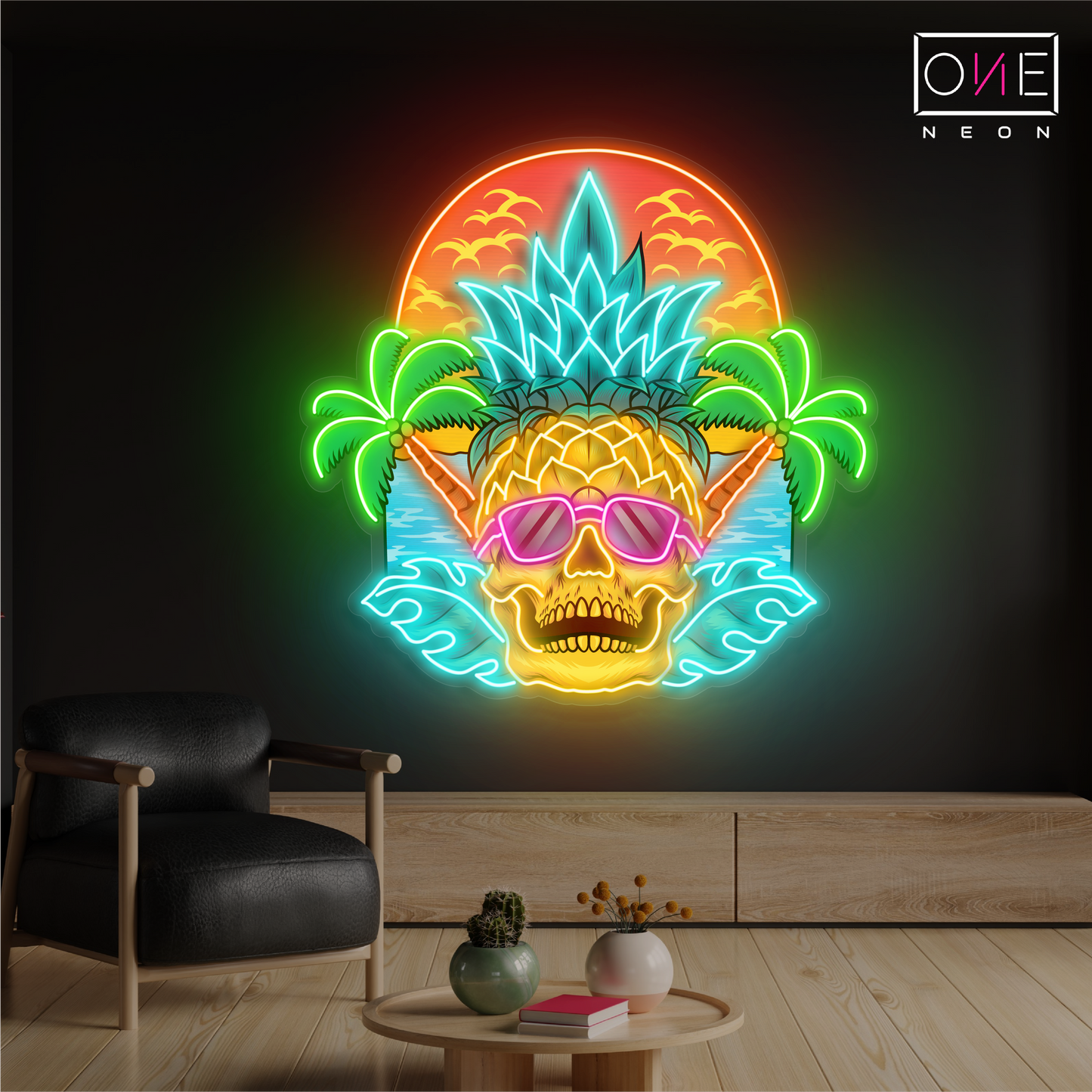 Enseigne néon LED coucher de soleil tête de mort tropicale