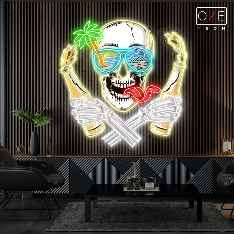 Enseigne Néon LED Motif Tête de Mort Rebel de Plage