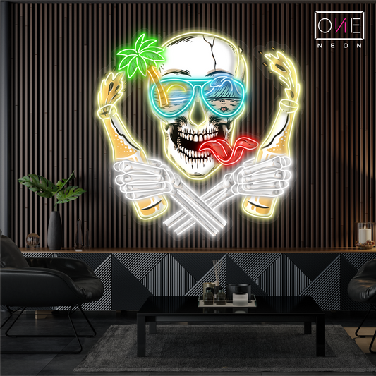Enseigne Néon LED Motif Tête de Mort Rebel de Plage