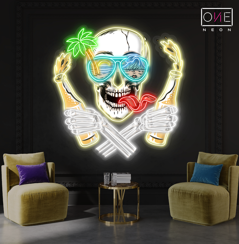 Enseigne Néon LED Motif Tête de Mort Rebel de Plage