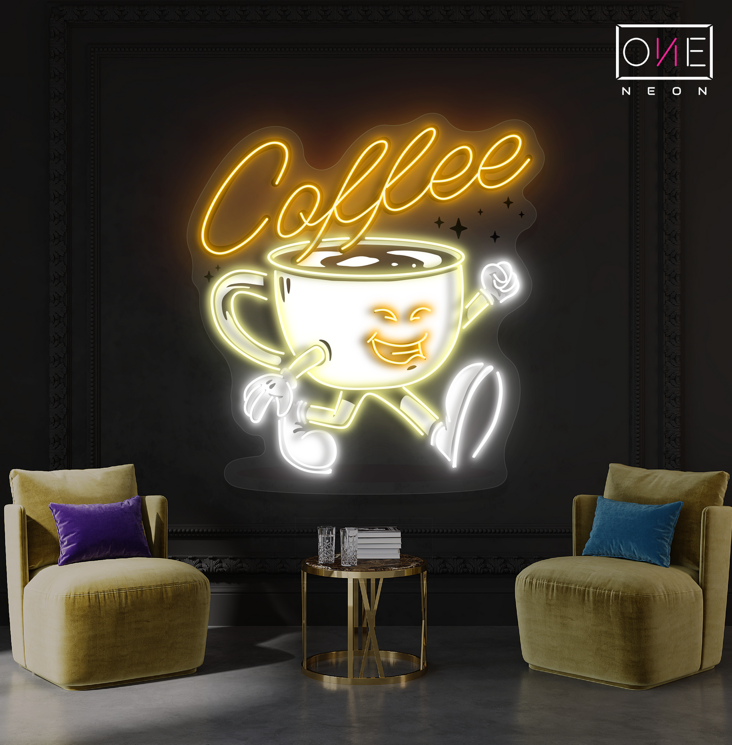 Enseigne néon LED œuvre d'art "Happy Cup Coffee"